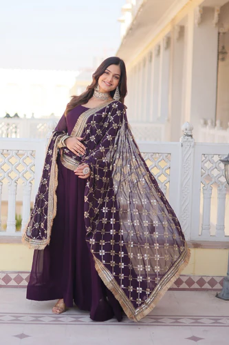 wine faux blooming gown with dupatta
